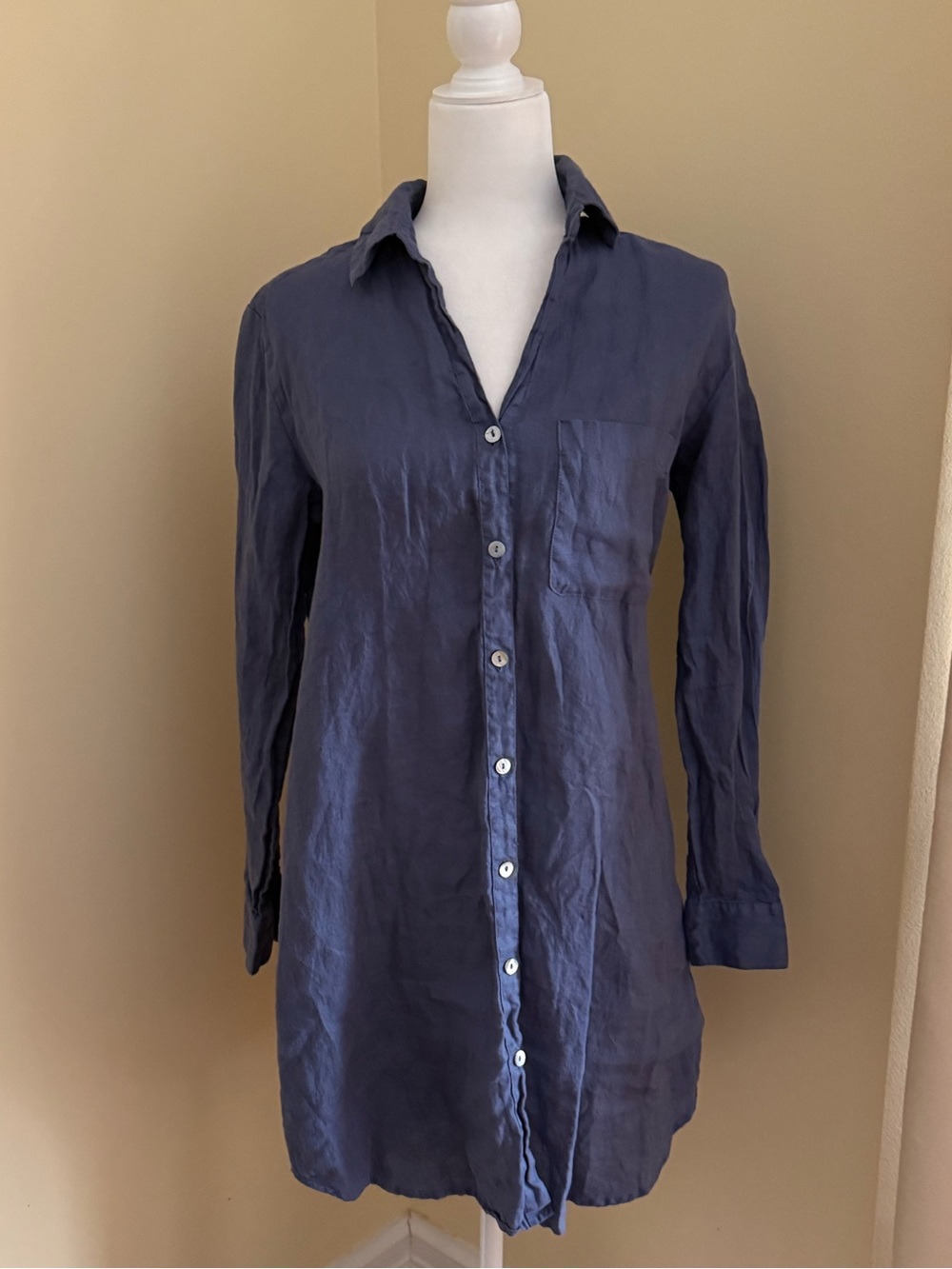 Luna Luz 100% Linen Button Front Tunic Shirt Dress Blue XS